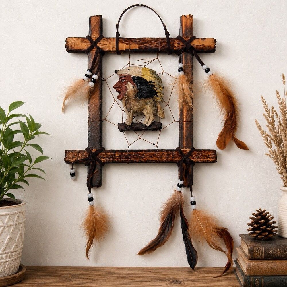 Vintage Rustic Wood Wolf Feather Dream Catcher Wall Hanging Southwestern Decor